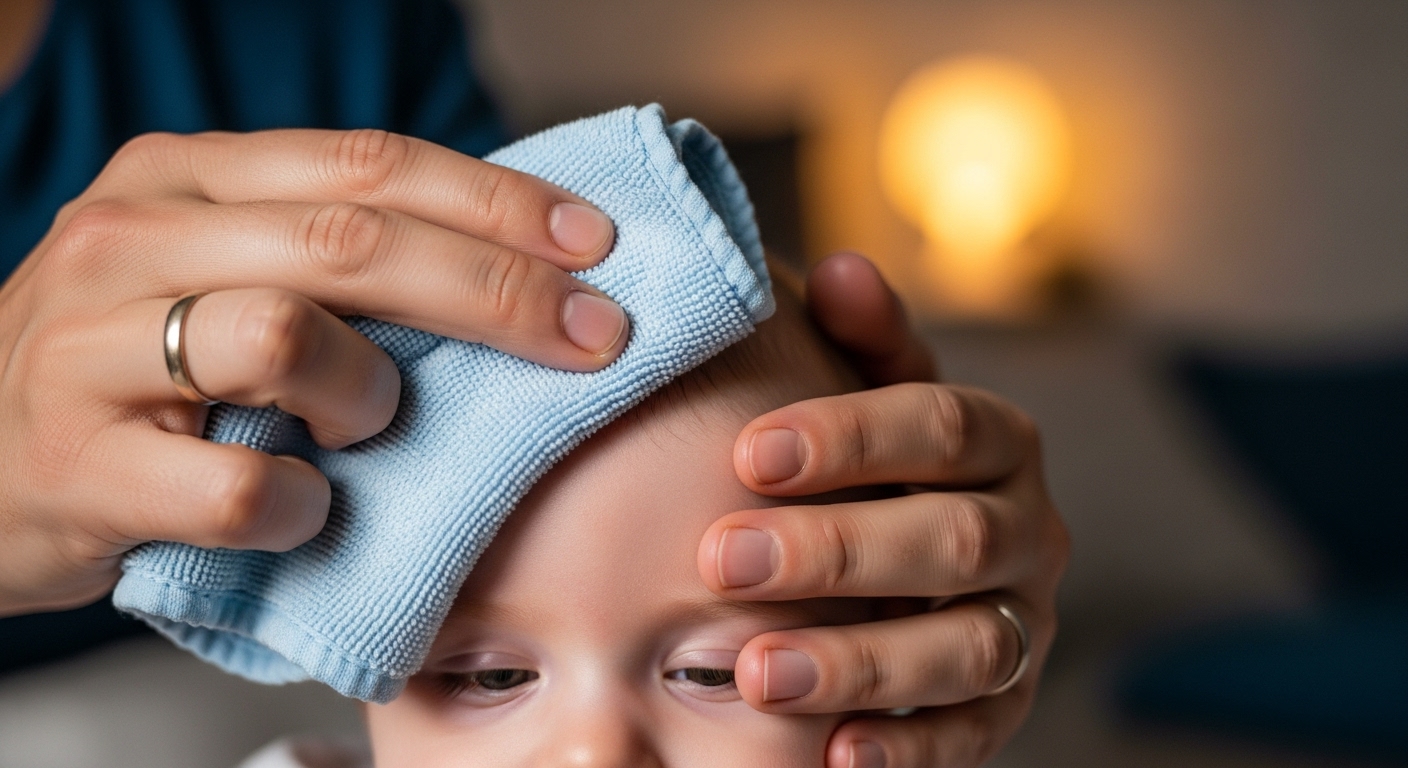 아기의 이마를 미온수 수건으로 부드럽게 닦아주는 부모의 손길.
