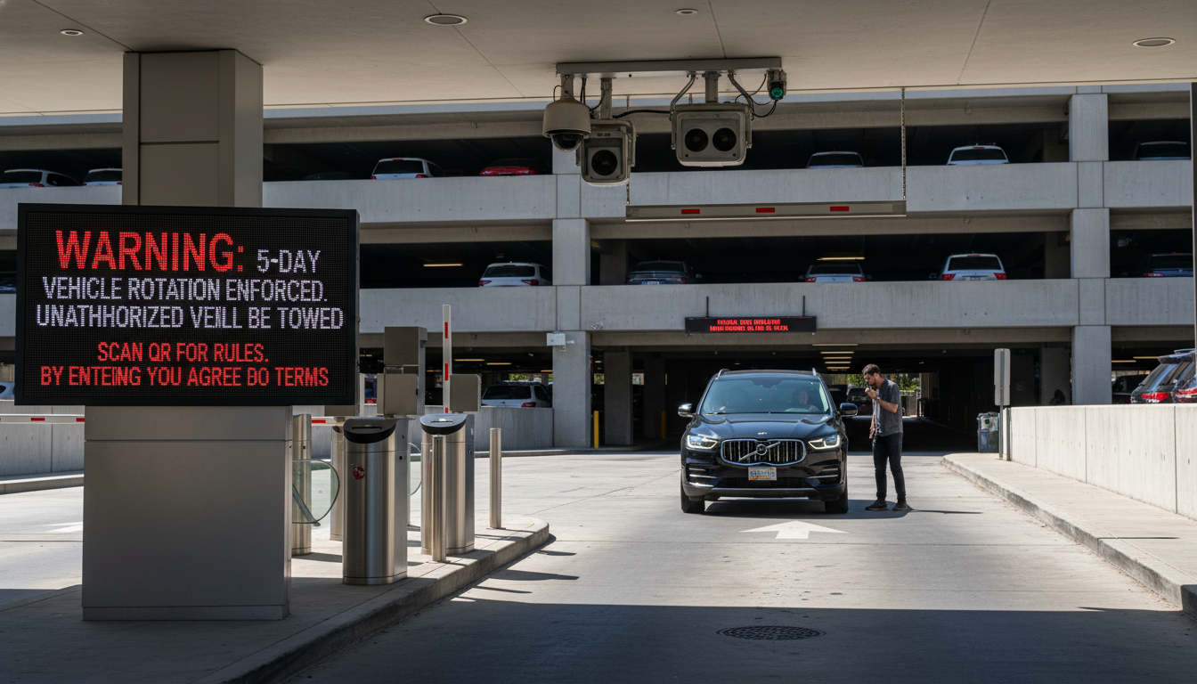 공영주차장 5부제 단속 무인 카메라와 안내 전광판 전경
