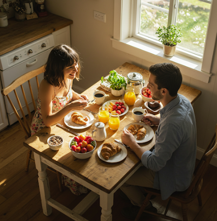 아침 식사를 하고 있는 부부