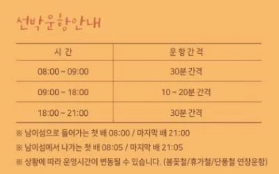 남이섬 배 선박운항 안내 표와 첫배와 마지막 배 시간