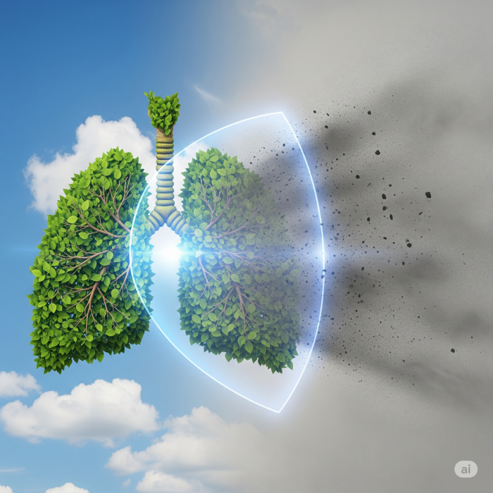 푸른 나뭇잎 모양의 건강한 폐가 투명한 보호막에 둘러싸여 검은 미세먼지를 막아내는 모습.
