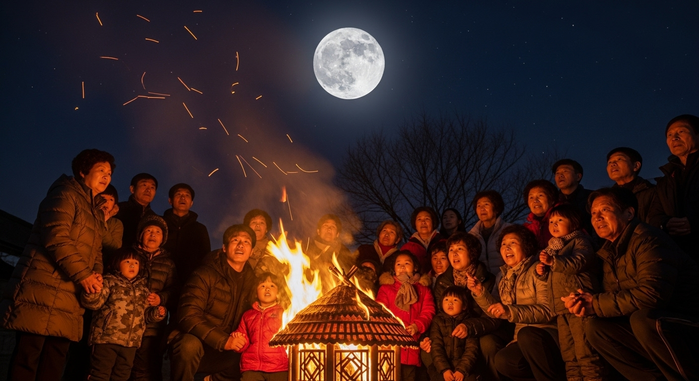 정월대보름 달을 바라보며 소원을 비는 사람들의 모습
