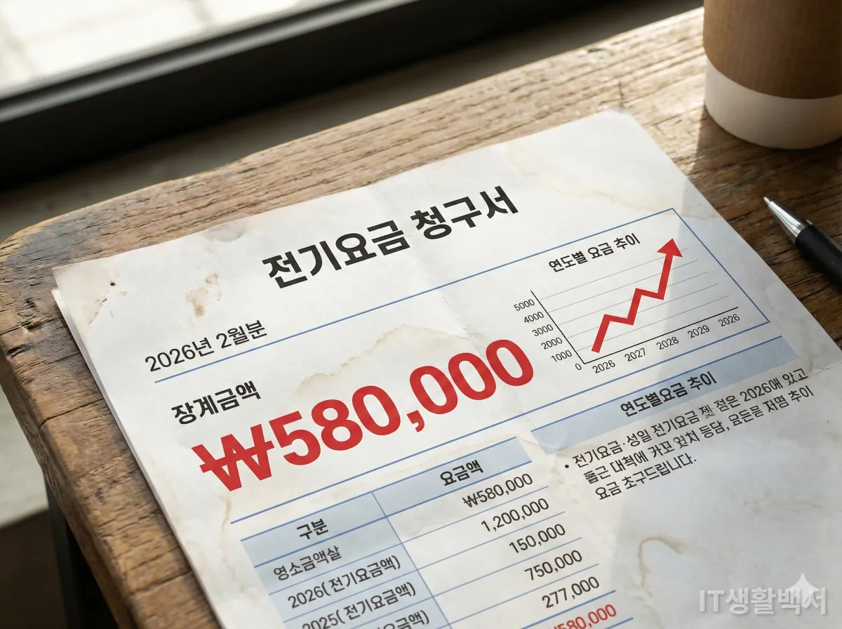 2026년 한국 전기요금 인상을 나타내는 고지서와 상승하는 그래프 이미지