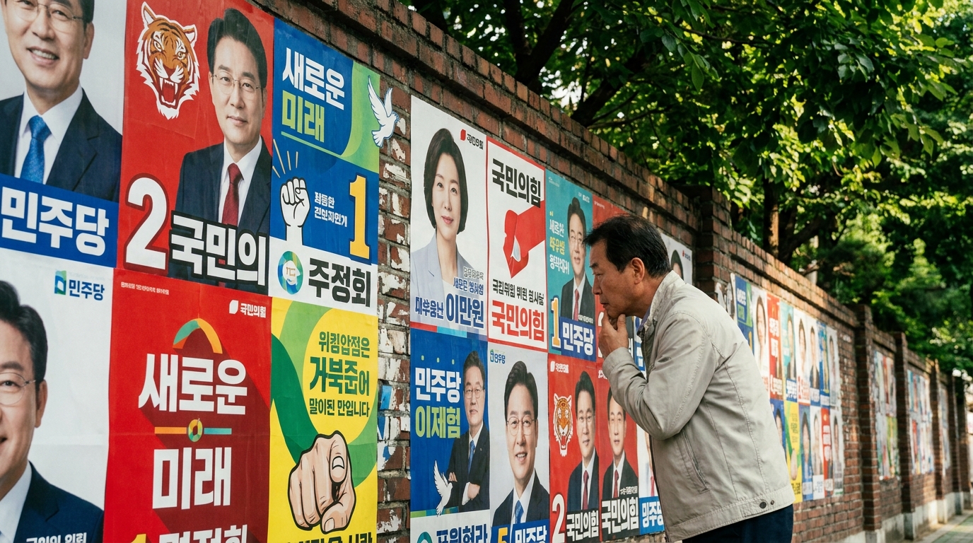 길거리 선거 벽보를 통해 2026 지방선거 후보자 정보를 확인하는 시민