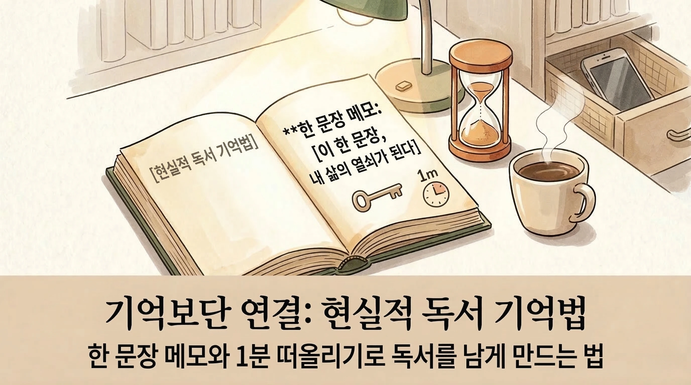 한 문장 메모와 1분 떠올리기로 책 내용을 기억하는 독서 기억법을 보여주는 책과 커피, 모래시계 일러스트 이미지