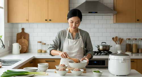 부엌에서 가정주부가 현미밥을 그릇에 담고 있는 모습
