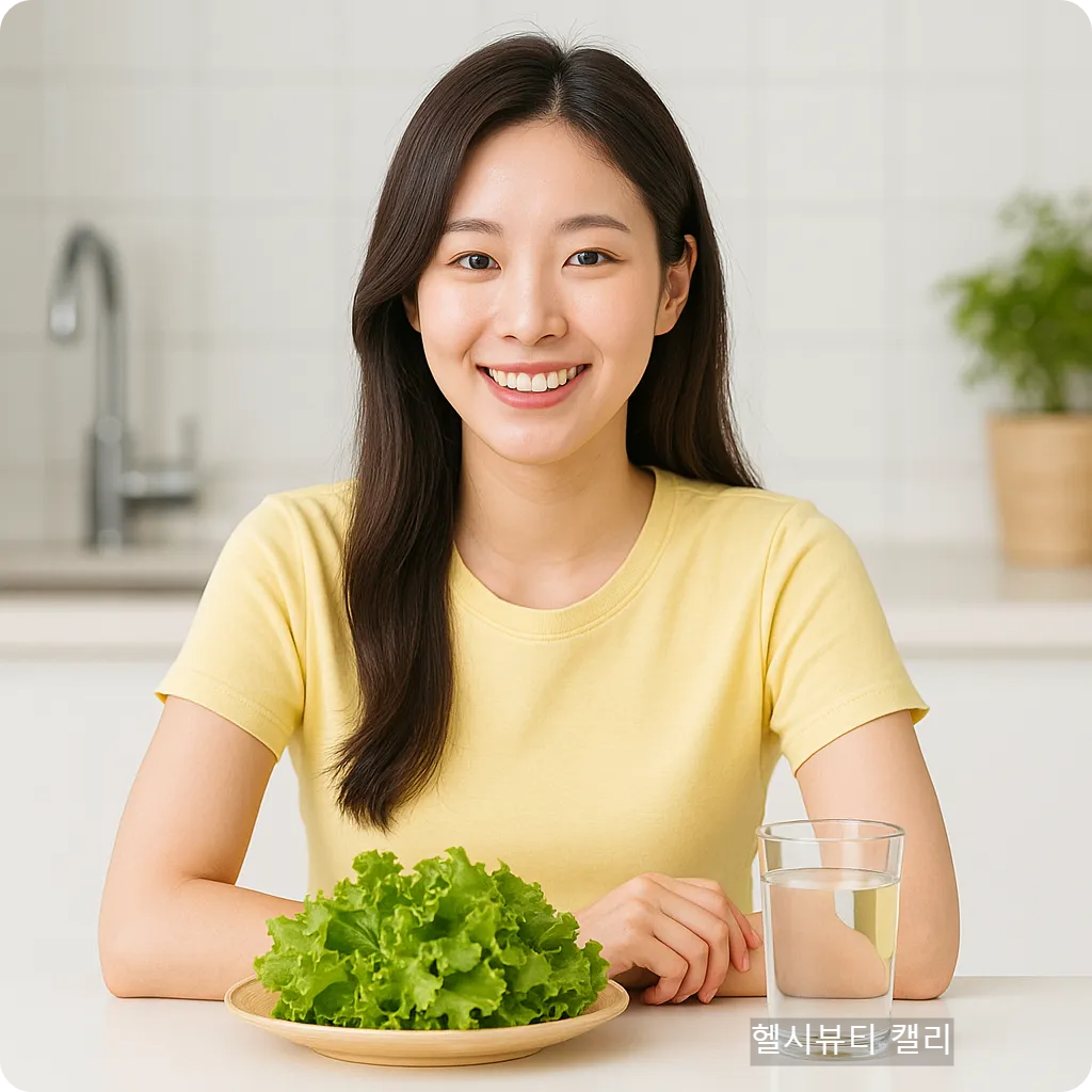 밝은 표정의 한국인 여성이 상추와 물이 놓인 식탁 앞에서 미소 짓는 모습