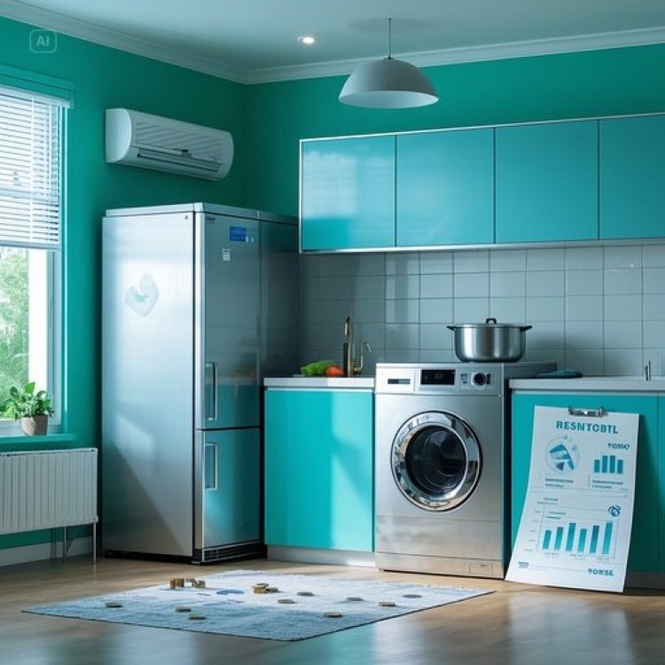 현대적인 주방과 거실 배경에 1등급 에어컨, 냉장고, 세탁기가 놓여 있고, 환급을 상징하는 동전과 전기료 절약 그래프가 어우러진 이미지. 밝은 파란색과 초록색 톤으로 친환경과 절약 강조