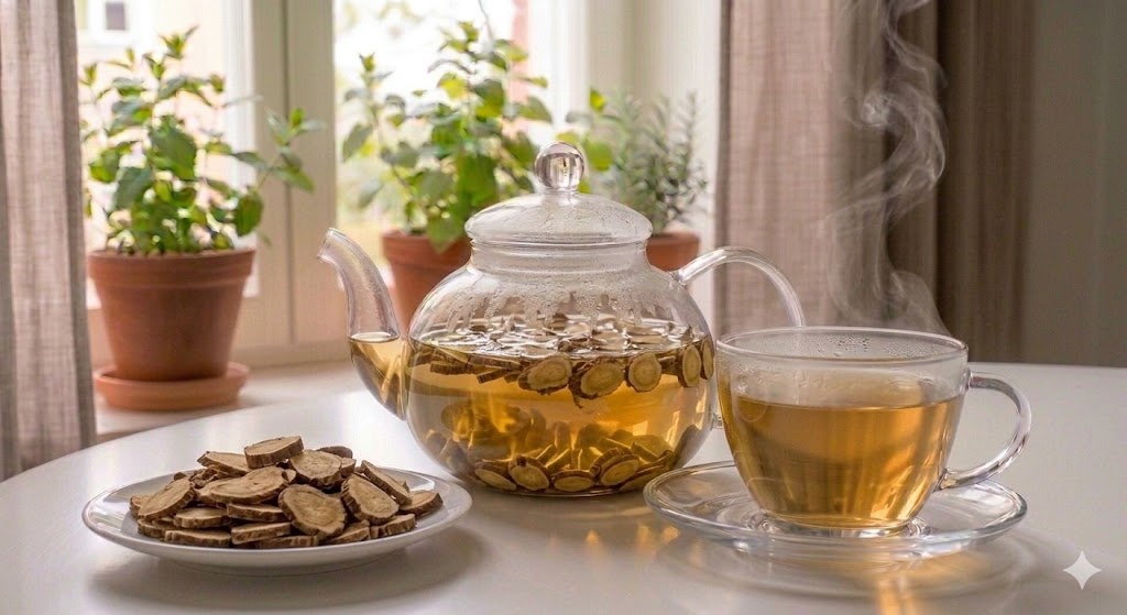 글리시리진 성분으로 위 점막을 코팅하여 속쓰림을 완화하고 체내 독소를 배출하는 천연 해독제 감초차