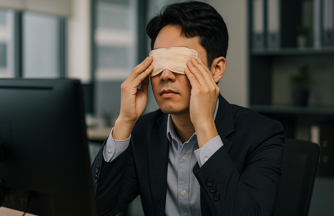 눈에 온찜질하는 직장인 모습