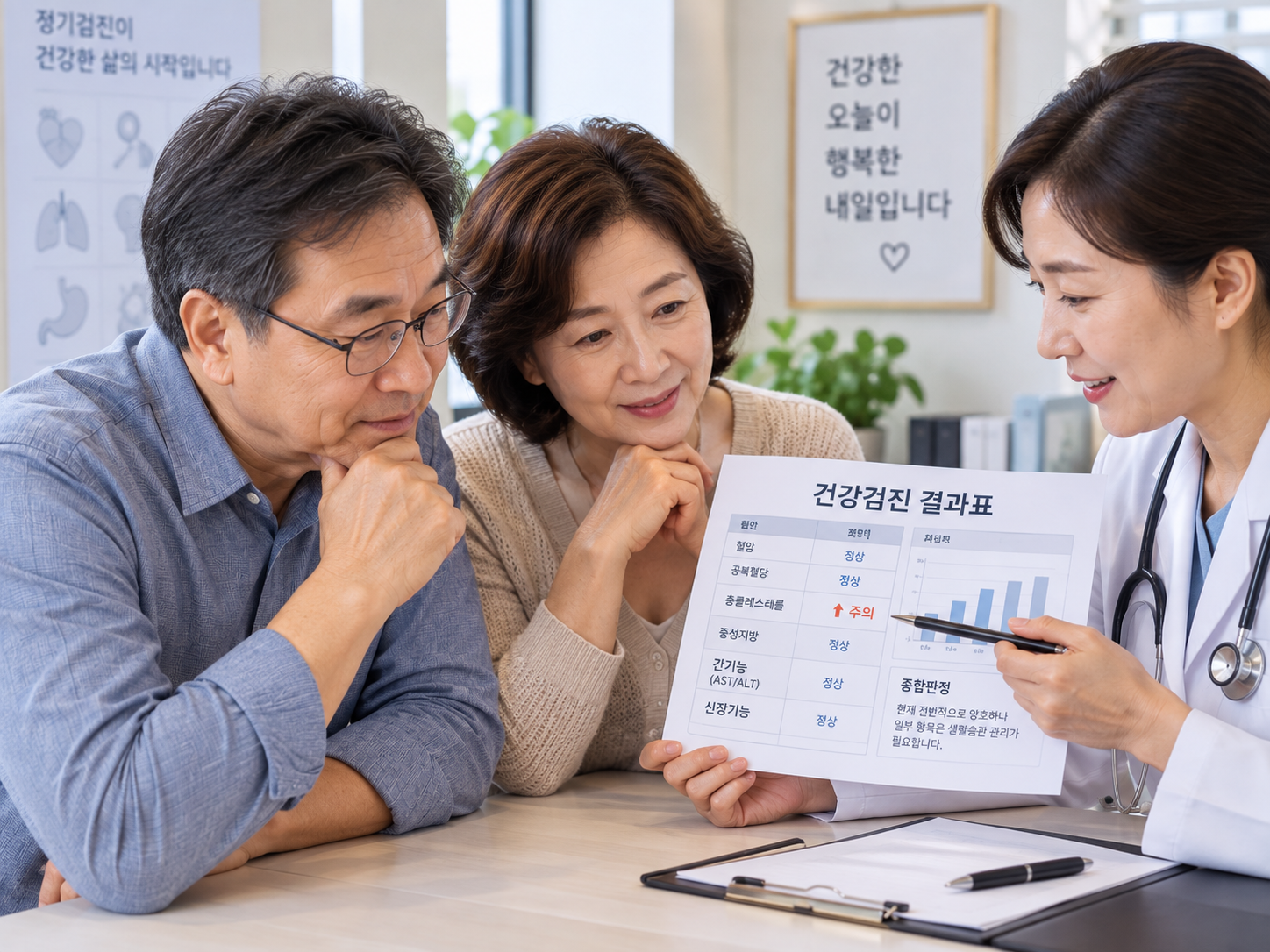 건강검진 결과표를 보며 의사와 상담하는 중장년 환자