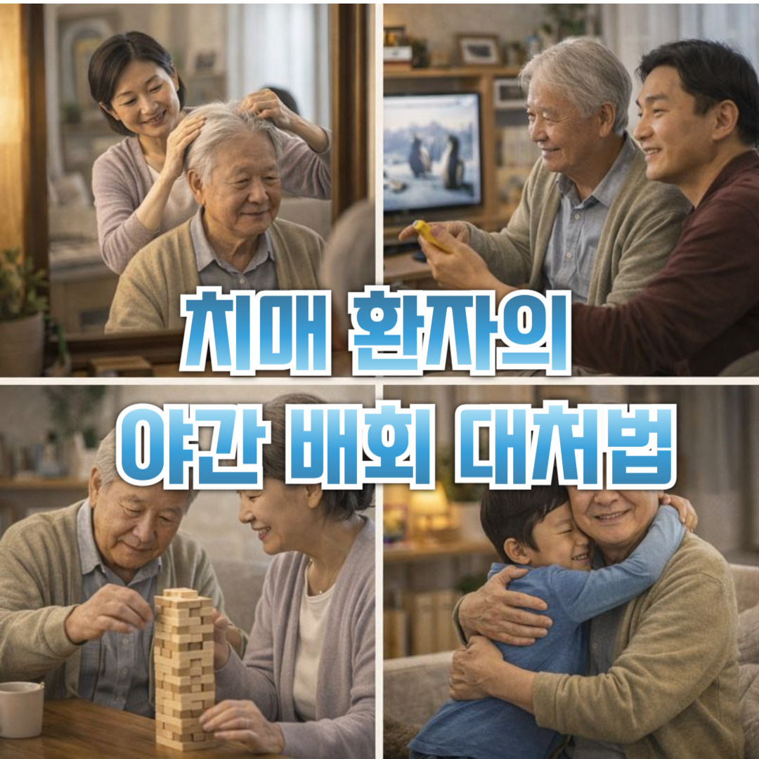 치매 환자가 가족과 함께 일상을 보내며 정서적 교류와 돌봄을 받는 모습