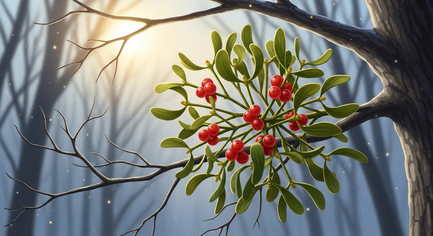 겨울 숲의 신비로운 겨우살이 가지와 붉은 열매, 건강하고 활기찬 모습.