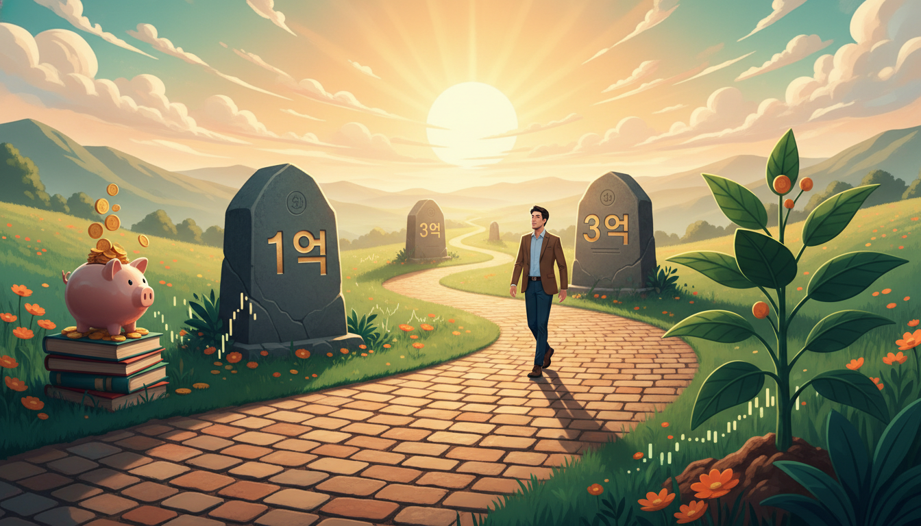 1억에서 3억 목표를 향해 나아가는 재테크 로드맵. 희망찬 미래를 향해 걸어가는 사람이 보이는 그림.