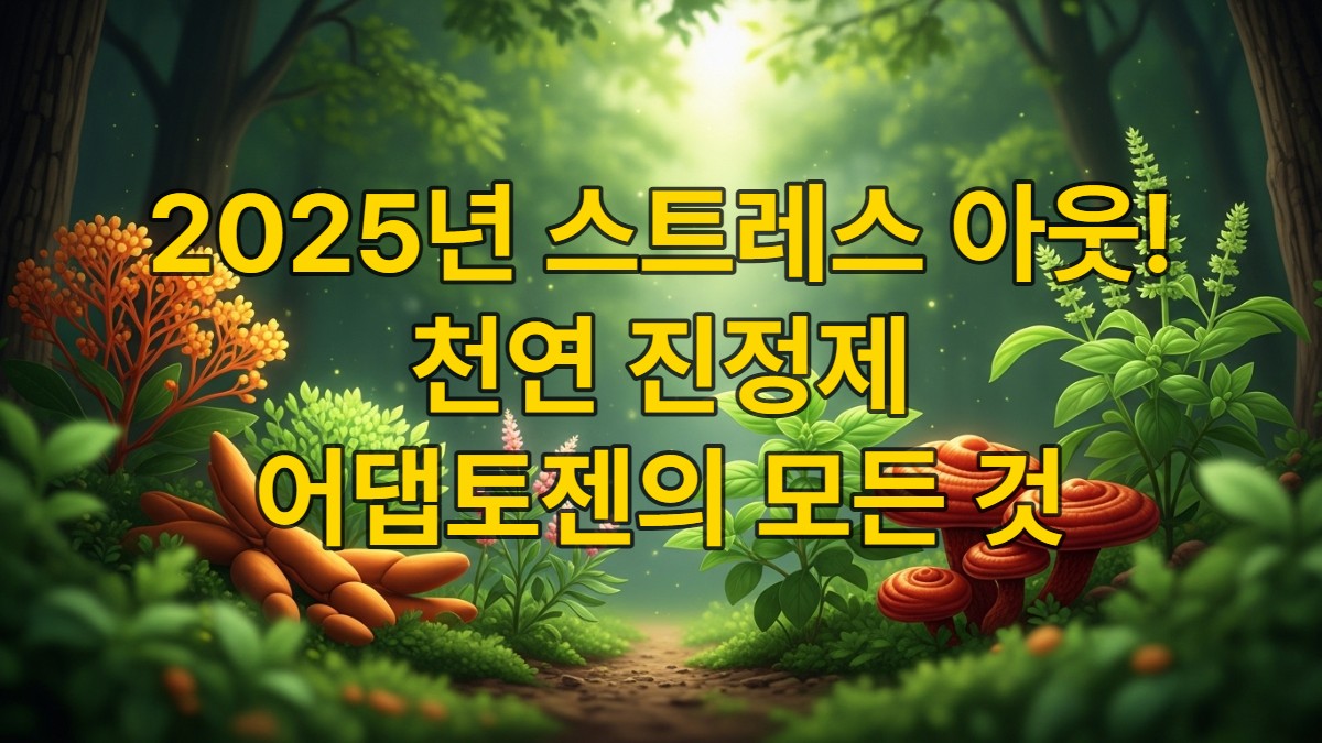 다양한 어댑토젠 식물과 버섯이 조화롭게 어우러진 평화로운 자연 풍경. 녹색 숲 배경에 아슈와간다, 홍경천, 영지버섯 등이 은은한 빛을 발하며 스트레스 완화와 자연 치유를 상징합니다.