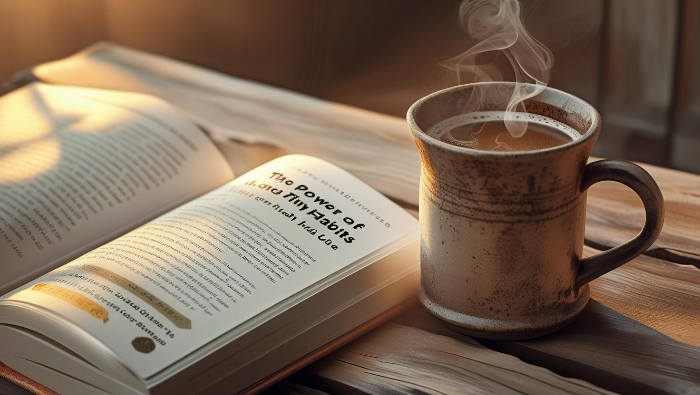 책 『아주 작은 습관의 힘』과 커피잔이 놓인 조용한 테이블