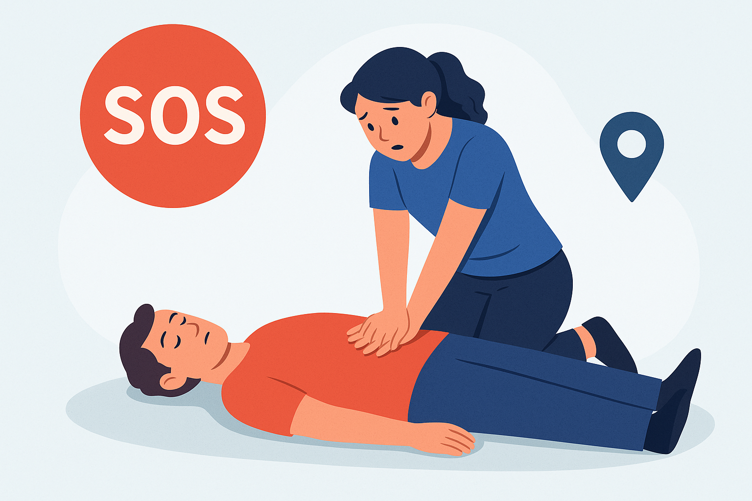 의식을 잃은 사람에게 심폐소생술을 시행하는 여성의 응급 상황 일러스트