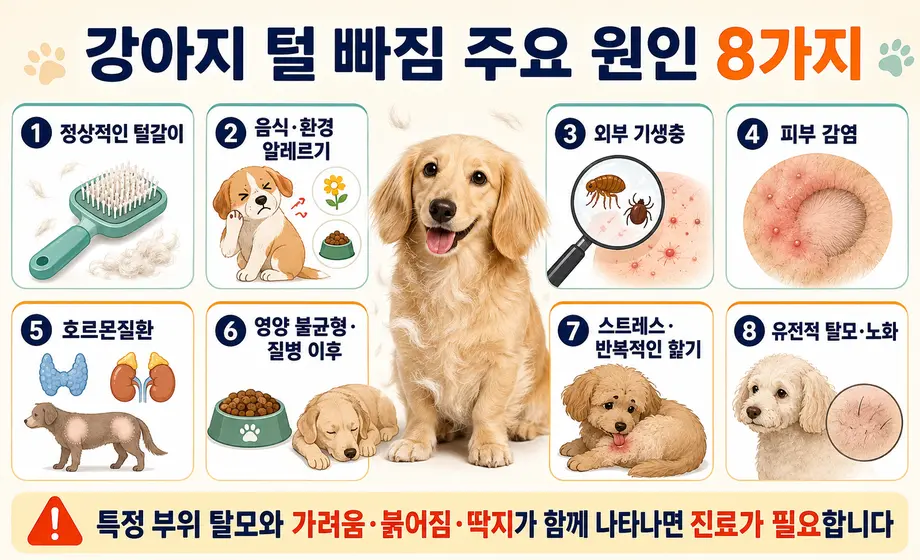 정상 털갈이, 알레르기, 기생충, 피부 감염, 호르몬질환 등 강아지 털 빠짐 주요 원인 8가지.