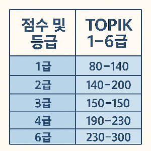 TOPIK 1급부터 6급까지 점수 기준과 등급 조건을 정리한 고화질 인포그래픽 이미지, 2x2 그리드 형식으로 구성됨