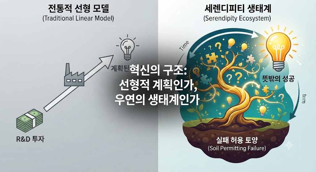 왼쪽의 '전통적 선형 모델 (Traditional Linear Model)'은 R&amp;D 투자&rarr;계획된 혁신&rarr;성공이라는 단선적 과정을 기계적인 도식으로 표현하여 교과서적 접근을 비판합니다. 오른쪽의 '세렌디피티 생태계 (Serendipity Ecosystem)'는 실패를 허용하는 토양 위에 다양한 아이디어(전구, 톱니바퀴, 나뭇잎)가 엉뚱하게 연결되고 시간이 쌓여 거대한 성공(황금 나무)으로 자라나는 유기적인 생태계로 혁신의 구조를 재정의합니다.