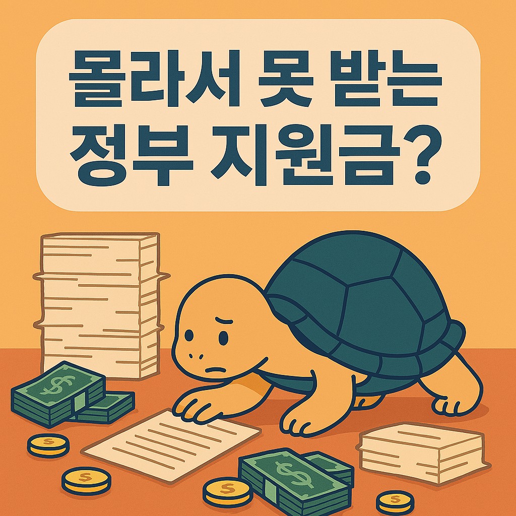 정부 지원금 서류 더미 속에서 당황한 듯 정보를 찾고 있는 귀여운 거북이 캐릭터 일러스트. &quot;몰라서 못 받는 정부 지원금?&quot;이라는 문구가 상단에 강조되며, 느리지만 꼼꼼히 찾는 모습으로 정보 접근의 어려움과 현실을 유쾌하게 표현함