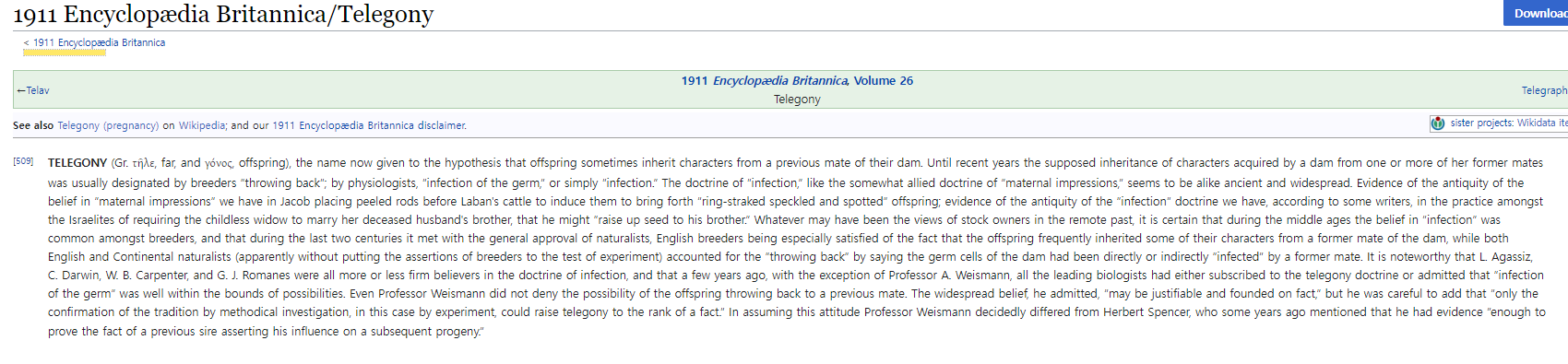 브리태니카 대사전 텔레고니 감응유전