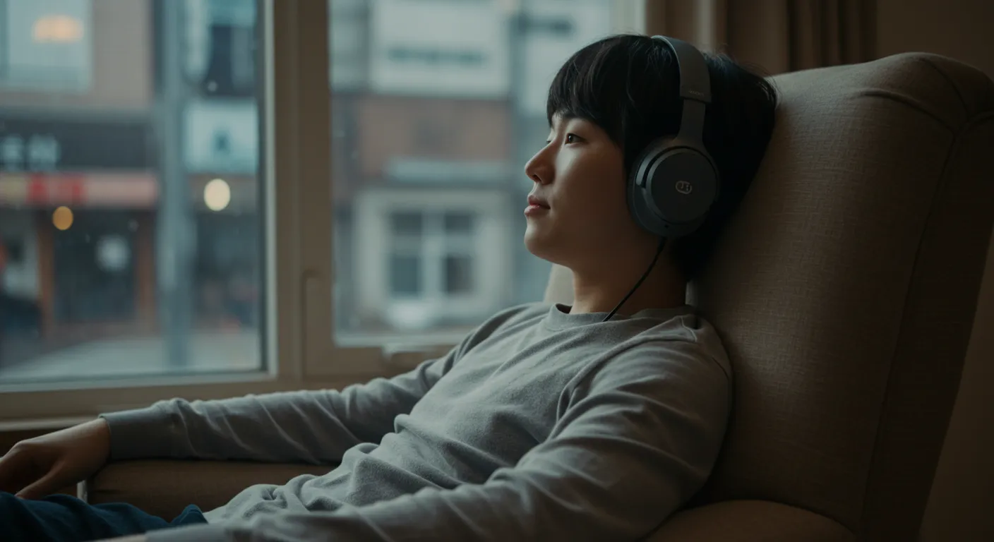 노이즈 캔슬링 헤드폰을 착용하고 편안하게 휴식을 취하며 미소포니아에 대처하는 모습