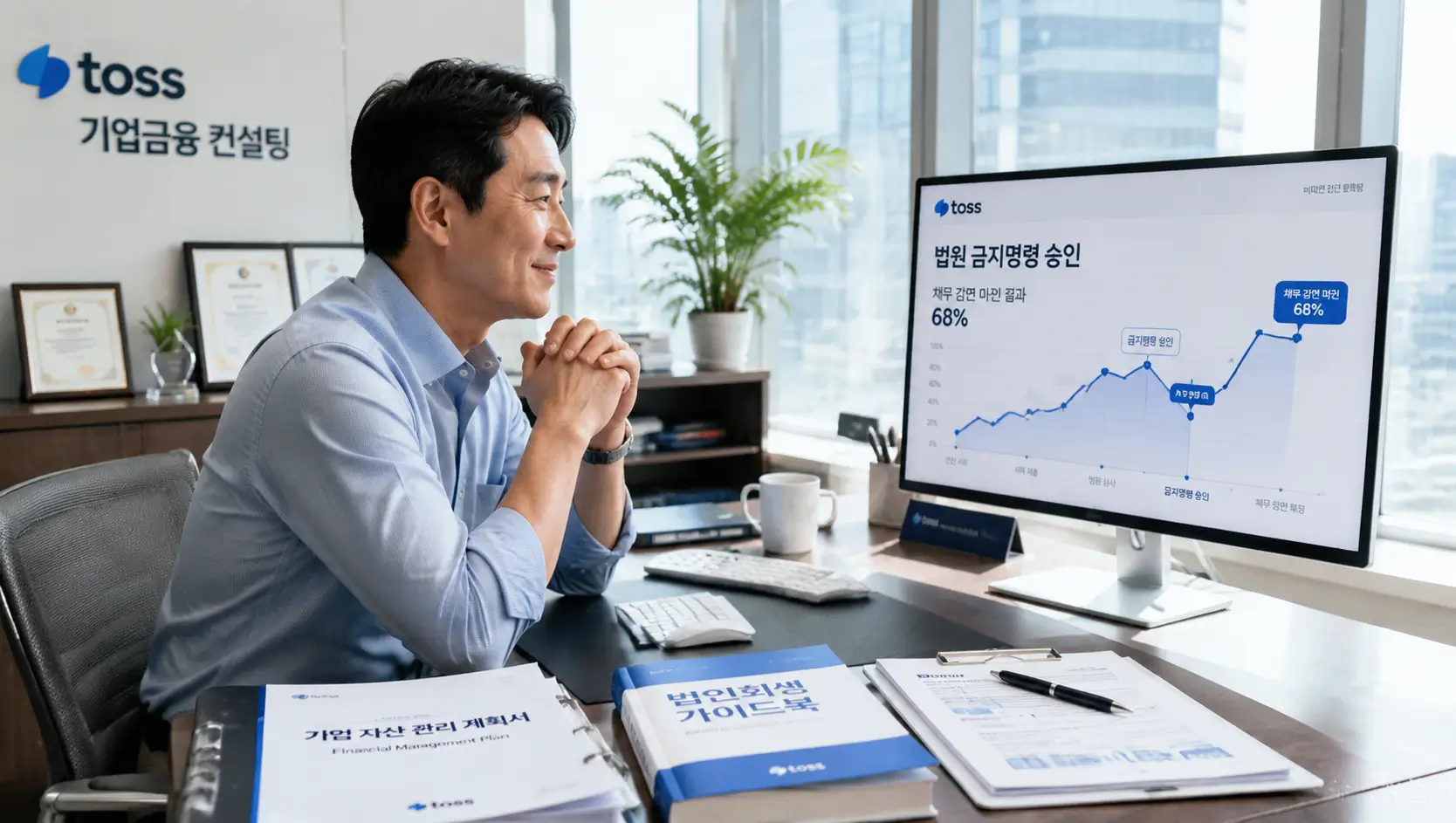 간이 회생 절차 특별 채무 감면선을 확보하고 기업 회생 신청 금지명령 효력을 핀테크 플랫폼으로 비교하는 모습