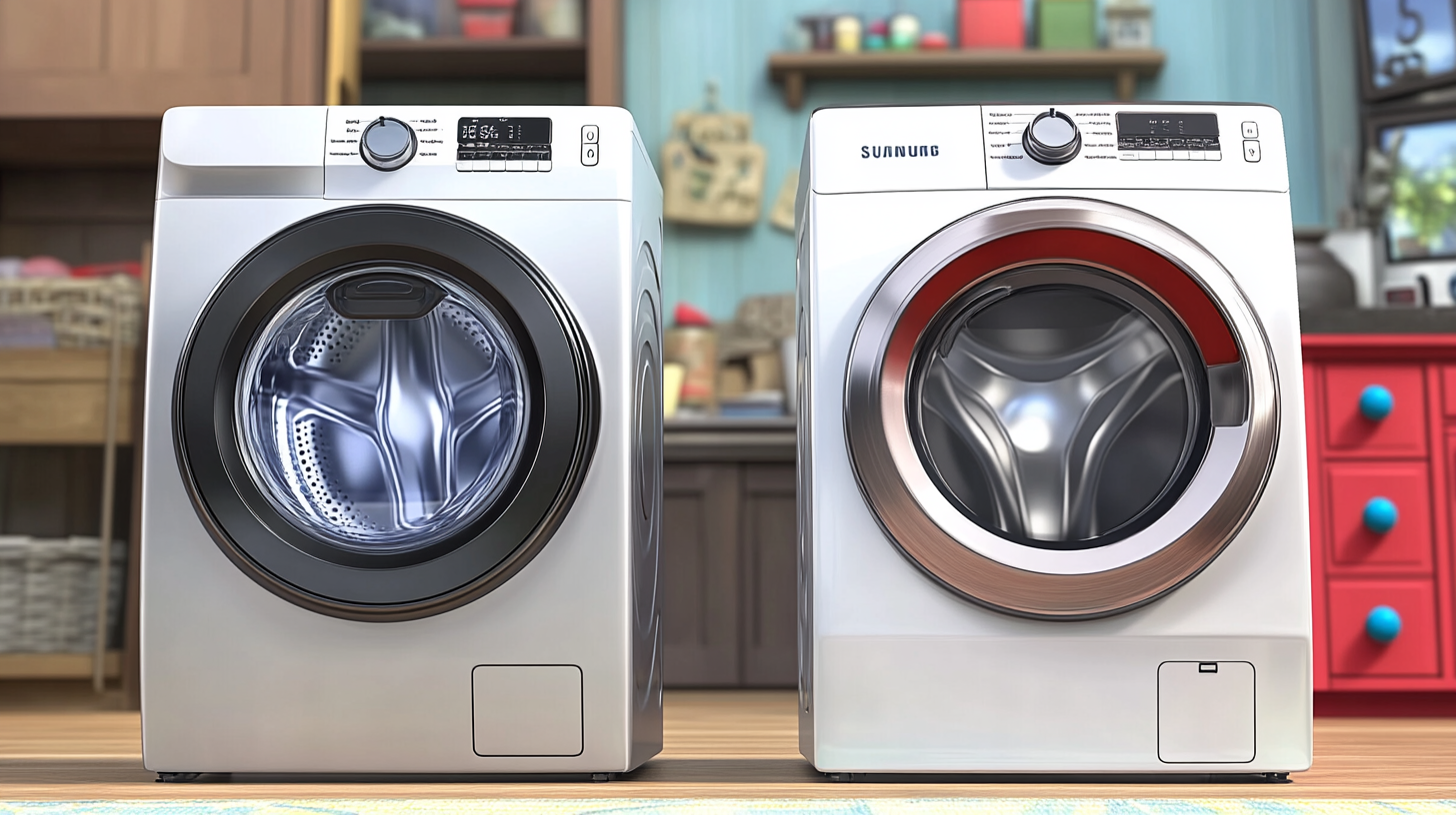 삼성 세탁기가 경쟁 제품을 능가하는 성능, 조용한 작동, 에너지 효율성을 보여주는 비교 장면