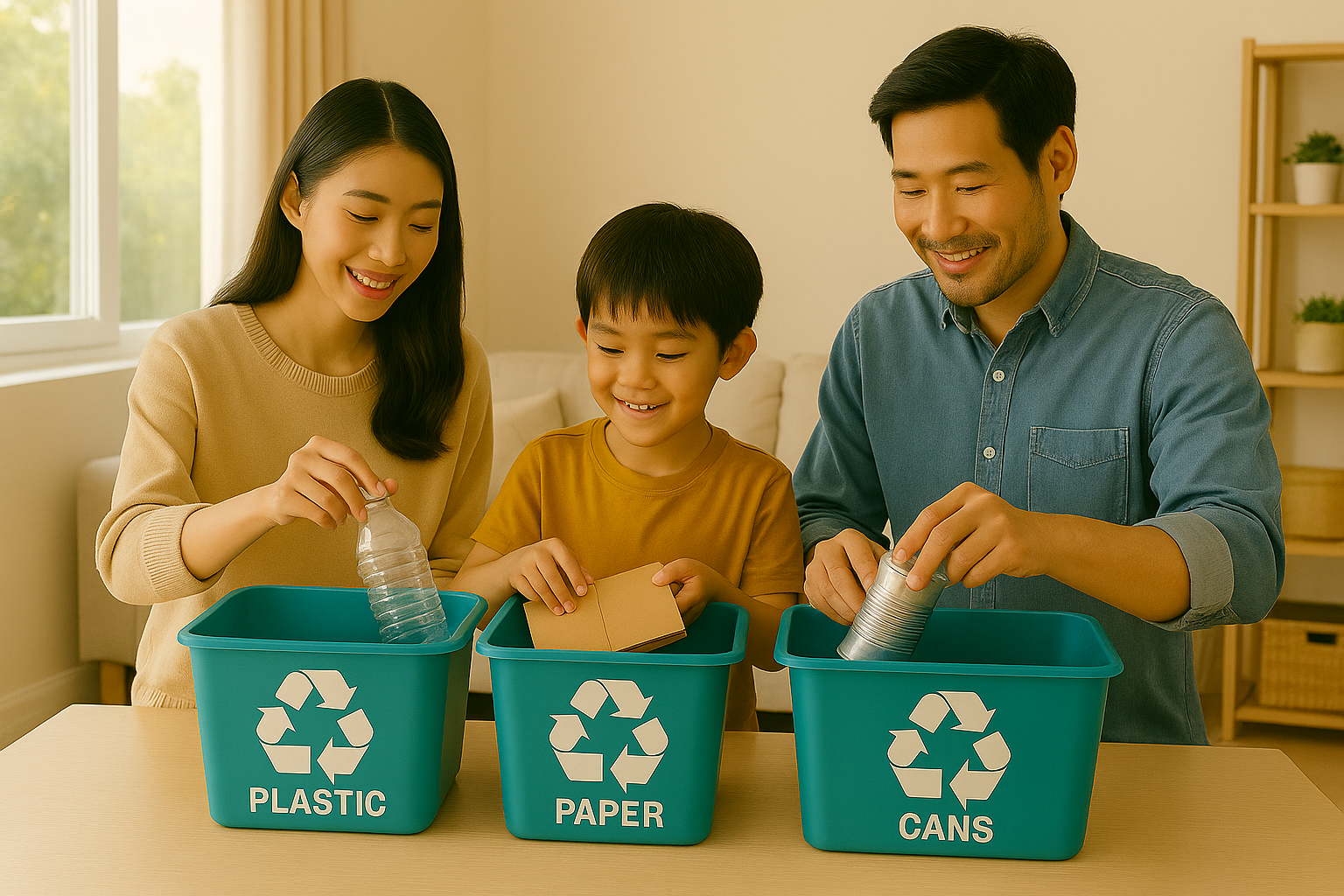 가족이 재활용 바구니를 정리하는 장면