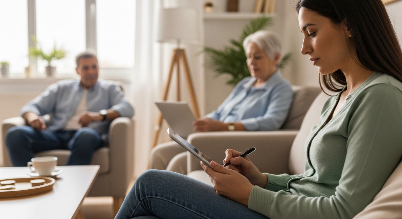 부모님의 취향과 필요를 파악하기 위해 몰래 관찰하며 선물 아이디어를 고민하는 자녀의 모습. 섬세한 선물 선택의 중요성을 나타냄.