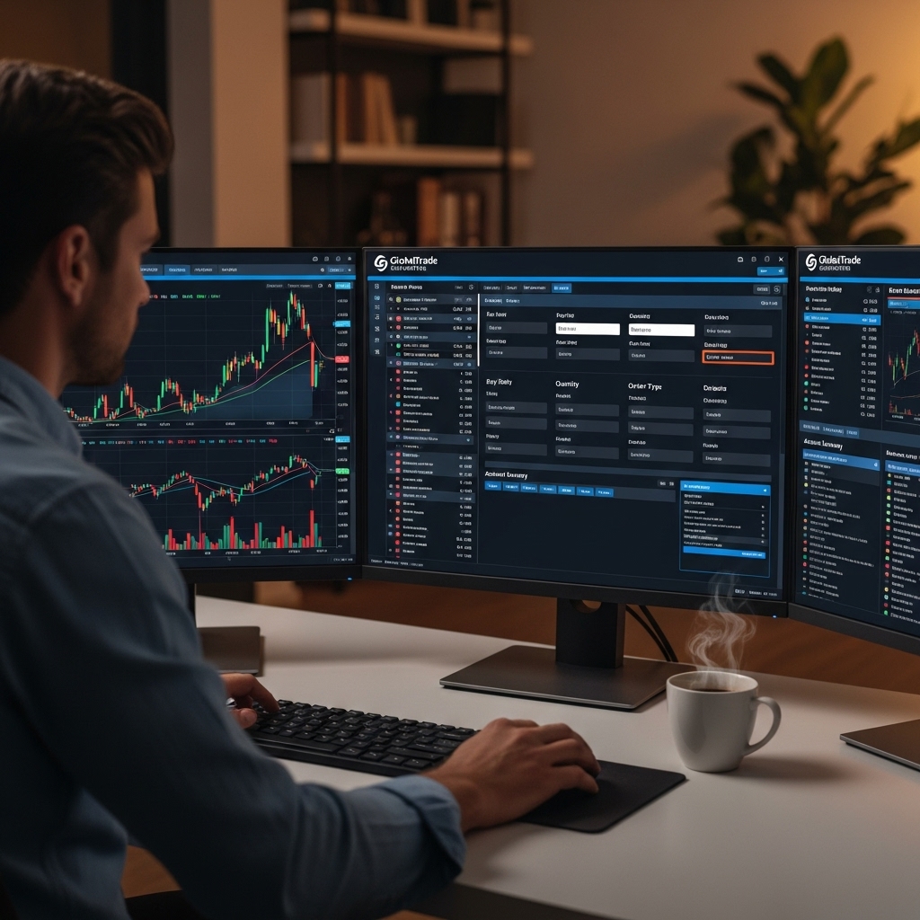 컴퓨터 화면에 증권사 MTS/HTS가 열려있고, ETF 차트와 주문 창을 보며 매매하는 투자자의 모습. 실제 ETF 거래 과정을 암시합니다.