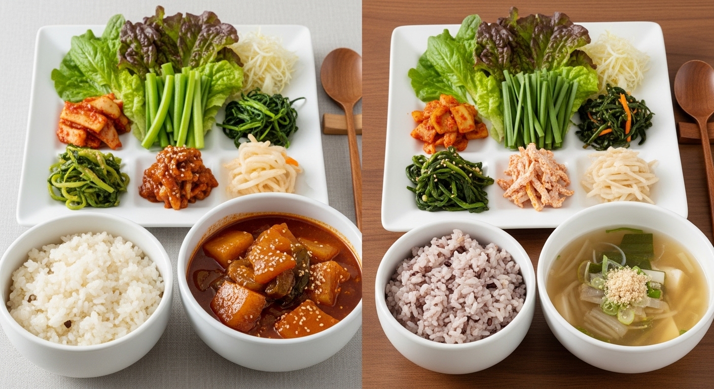 흰쌀밥과 단 국물이 있는 전통 한식과 잡곡밥, 채소, 단백질이 풍부한 건강한 한식이 비교되어 있는 모습