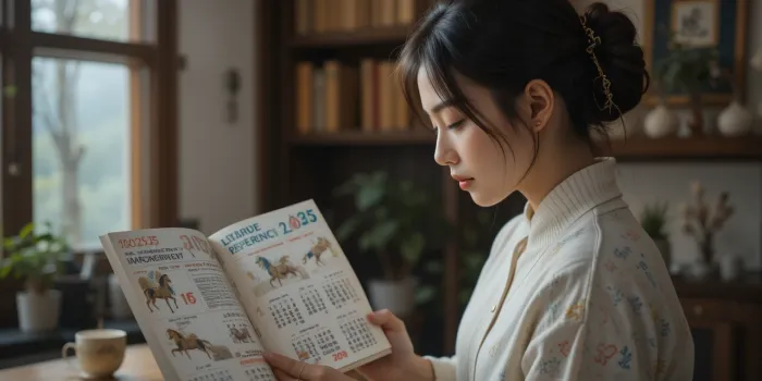 2025 말띠 달력을 보며 운세를 확인하는 여성