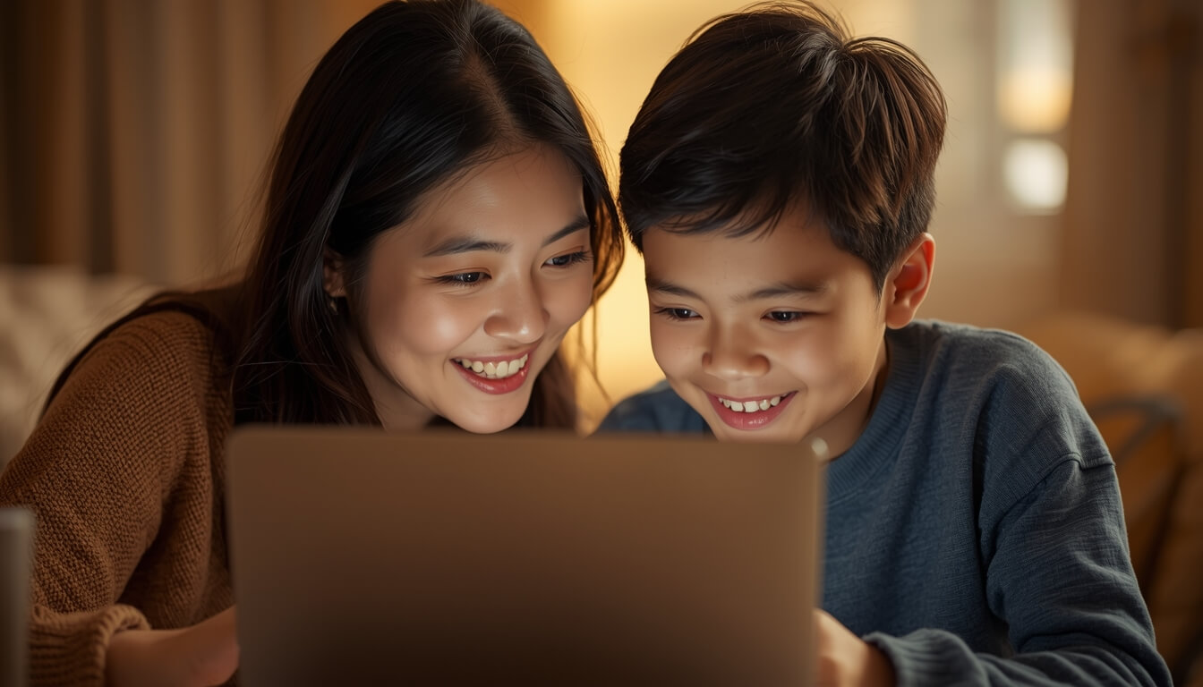 엄마와 함께 노트북으로 교육용 프로그램을 즐기는 아이