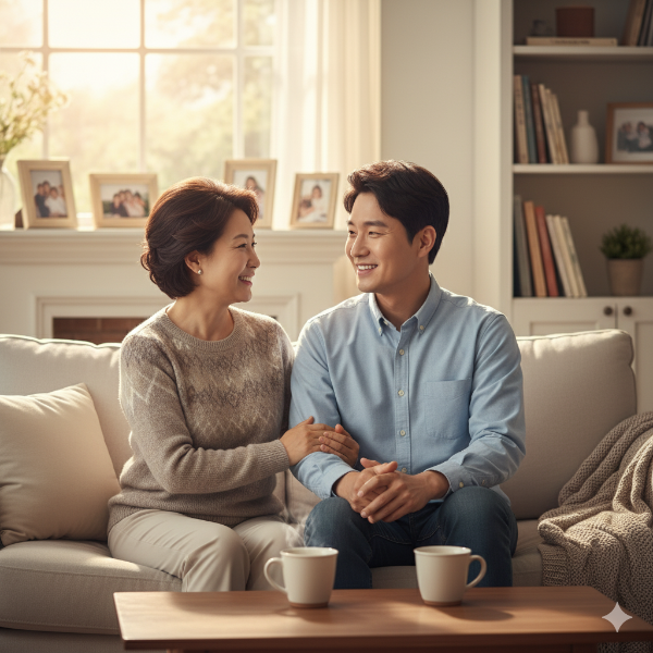 “가족 화합” – 엄마와 아들이 함께 앉아 대화하는 장면