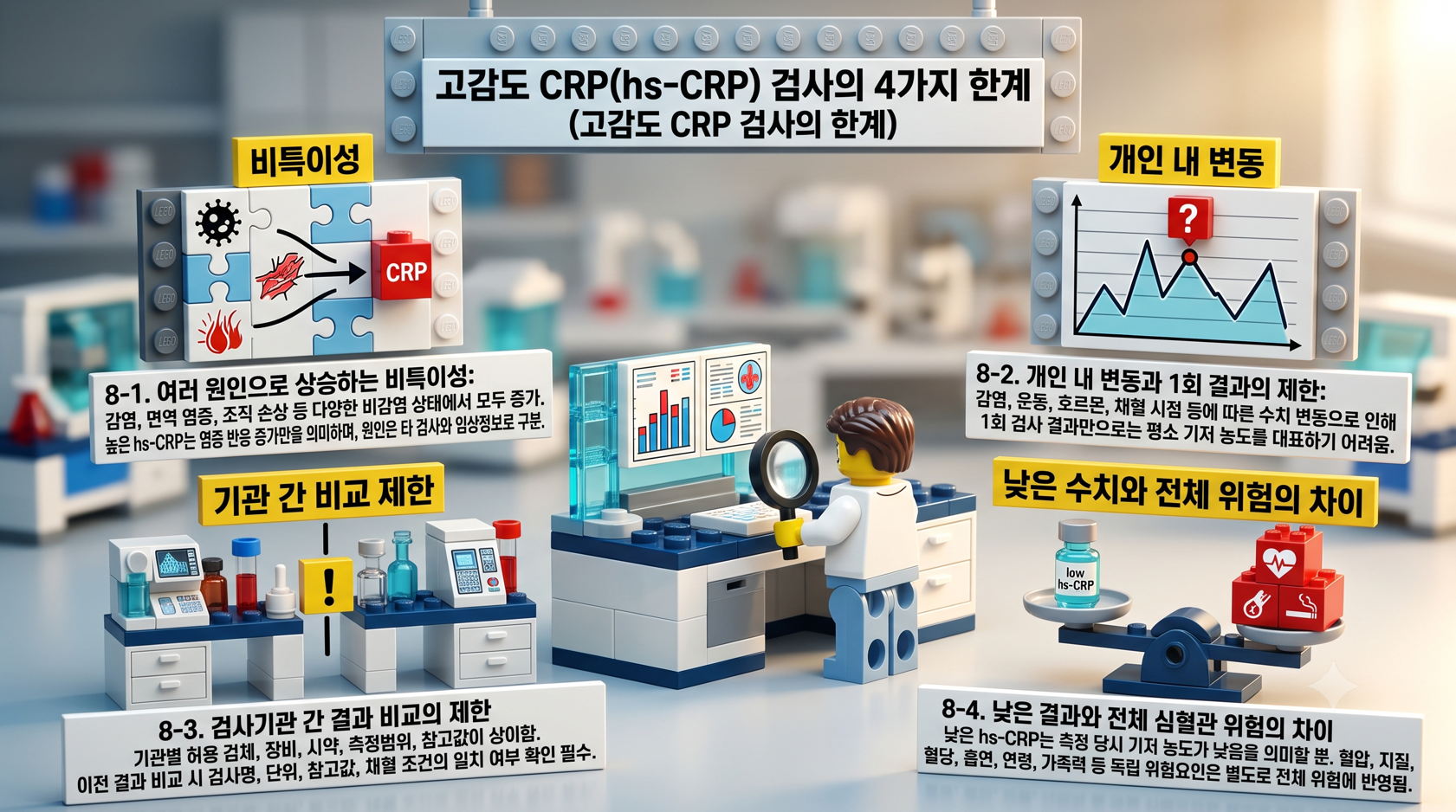고감도 CRP 검사의 비특이성, 개인 내 변동 등 4가지 주요 한계점을 보여주는 레고 연구실