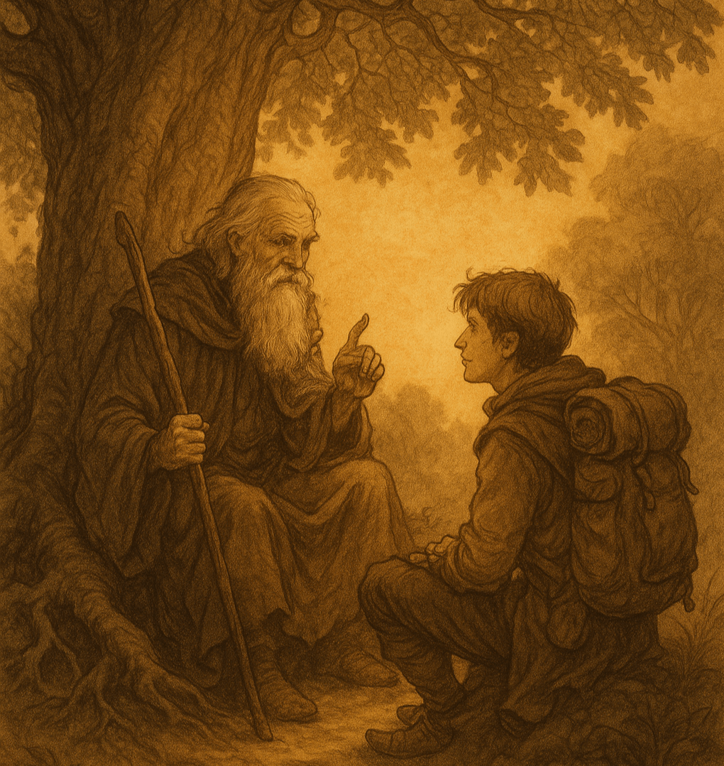 스승과 제자의 관계를 상징하는 판타지 일러스트