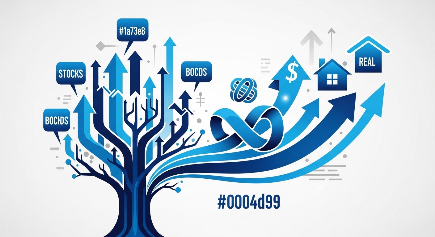 주식, 채권, 부동산 등 다양한 투자 자산이 유기적으로 연결되어 성장하는 모습. 현명한 분산 투자의 중요성을 나타냅니다.