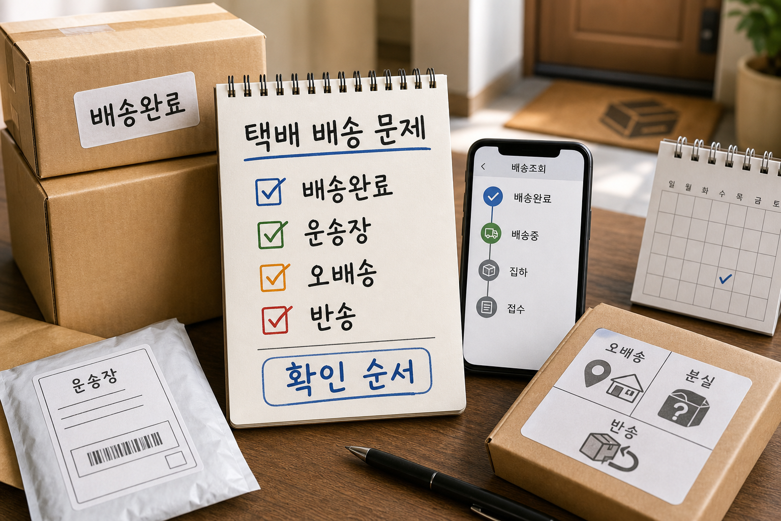 택배 배송완료, 운송장, 오배송, 반송 상태를 확인 순서대로 정리한 대표 이미지