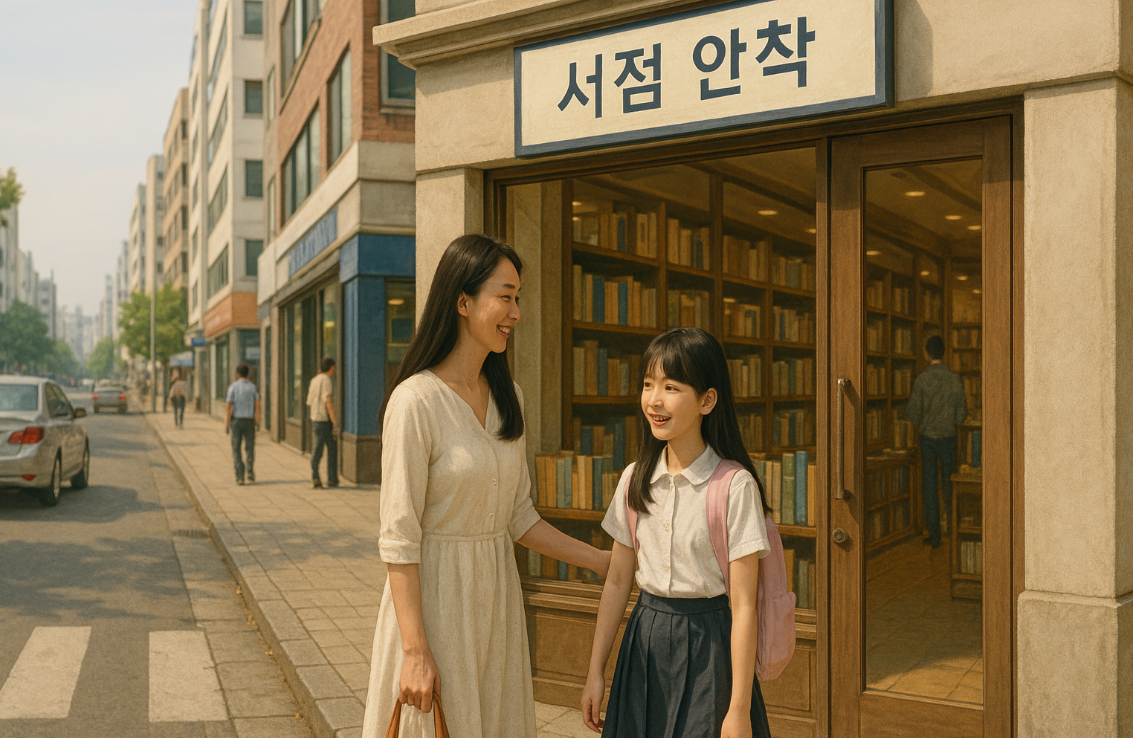 서점에서 즐거운 시간을 보내고 나온 여학생과 엄마 모습