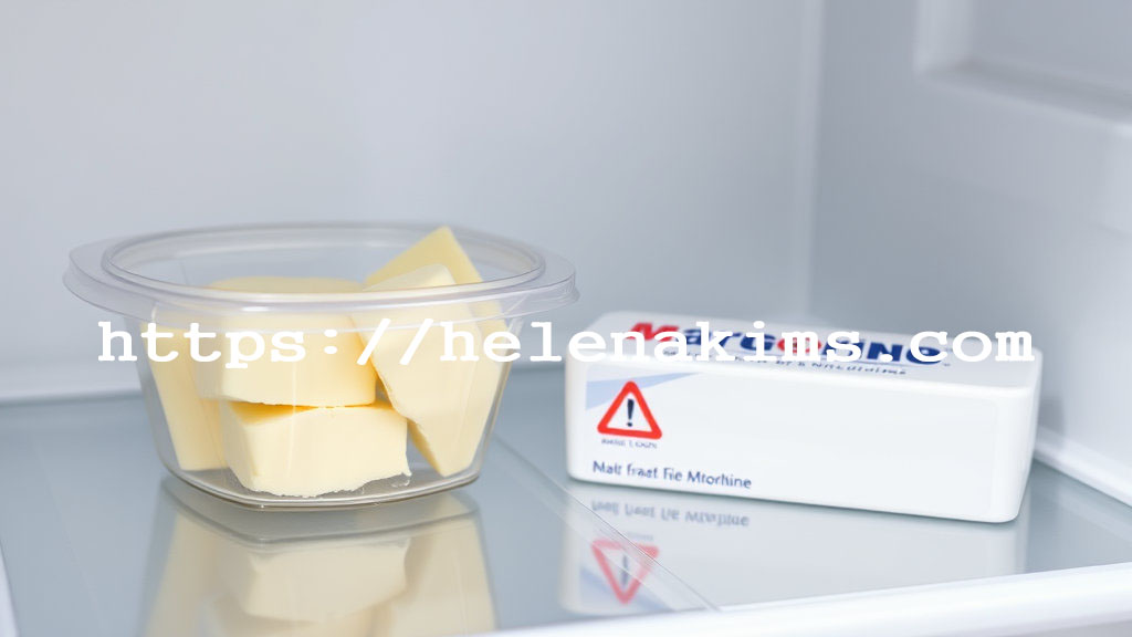 왼쪽에는 밀폐 용기에 담긴 버터와 오른쪽엔 냉동 주의 표시가 있는 마가린의 모습