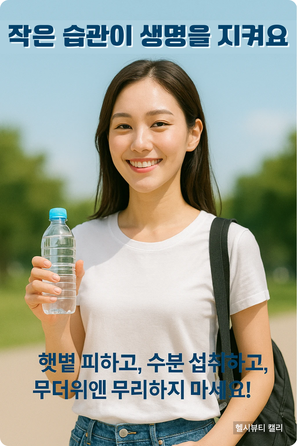 물병을 들고 환하게 웃는 20대 여성, “작은 습관이 생명을 지켜요”라는 메시지가 강조된 여름 건강 수칙 이미지