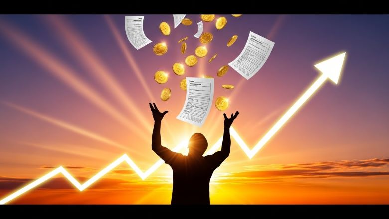 석양을 배경으로 실루엣 사람이 두 손을 들어 환호하며 위로 날아오르는 금화와 급여 서류들을 받고, 상승하는 화살표 그래프가 빛나는 연봉 인상과 재정적 성공 개념 이미지