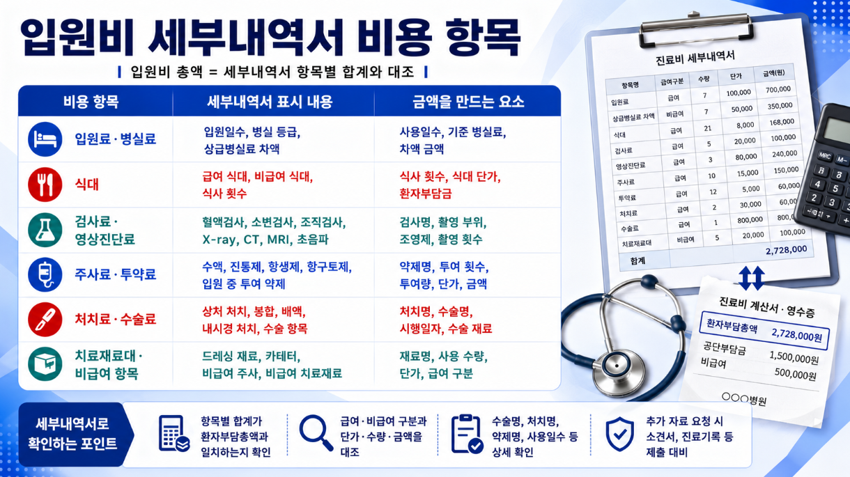 6. 입원비 세부내역서의 비용 항목과 세부 표시 내용, 금액을 만드는 요소를 정리한 가로형 인포그래픽