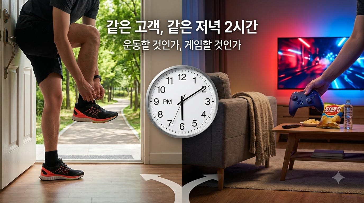 저녁 시간 운동과 게임 사이에서 선택하는 소비자의 모습