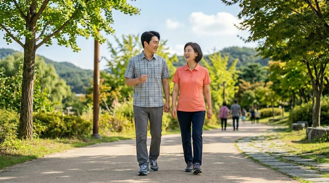 햇볕 아래에서 건강하게 걷고 있는 중년 부부의 뼈 건강 관리 모습