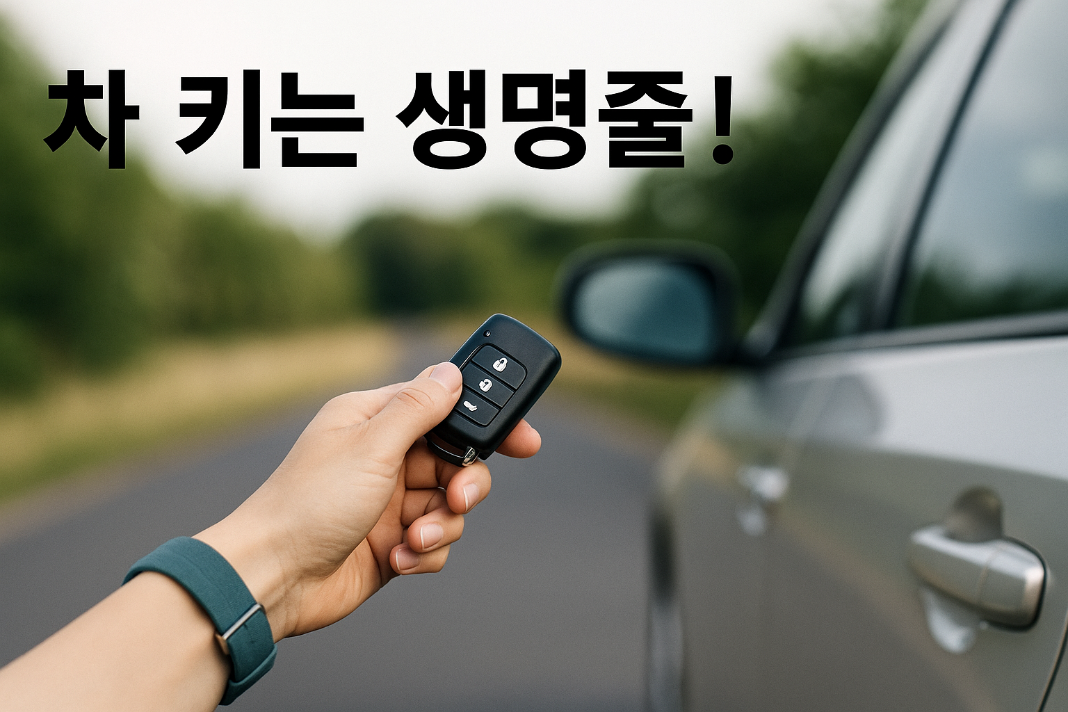 도로 옆에서 차 키를 들고 있는 손의 클로즈업 장면 이미지