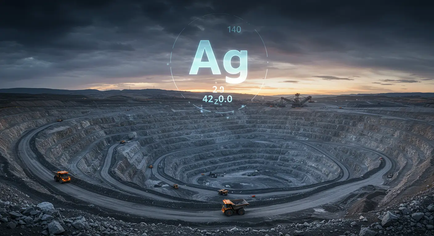 은 광산 채굴 지역 위로 은의 원소기호(Ag)가 떠오르는 상징적인 이미지