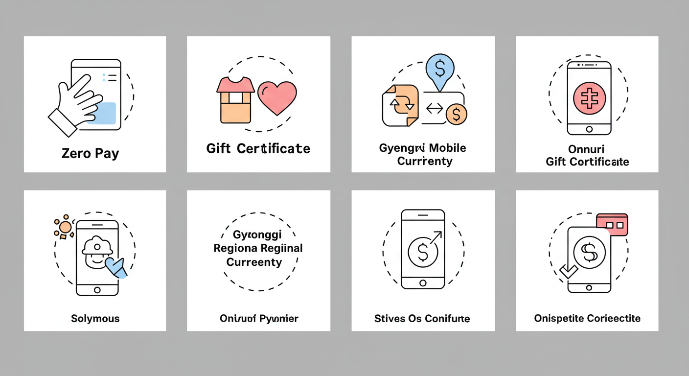 온라인 결제가 가능한 주요 바우처 유형을 정리한 아이콘 중심 일러스트